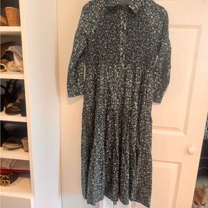 Duffield Lane Blue and Green Midi Dress with Collar and 3/4 Sleeve